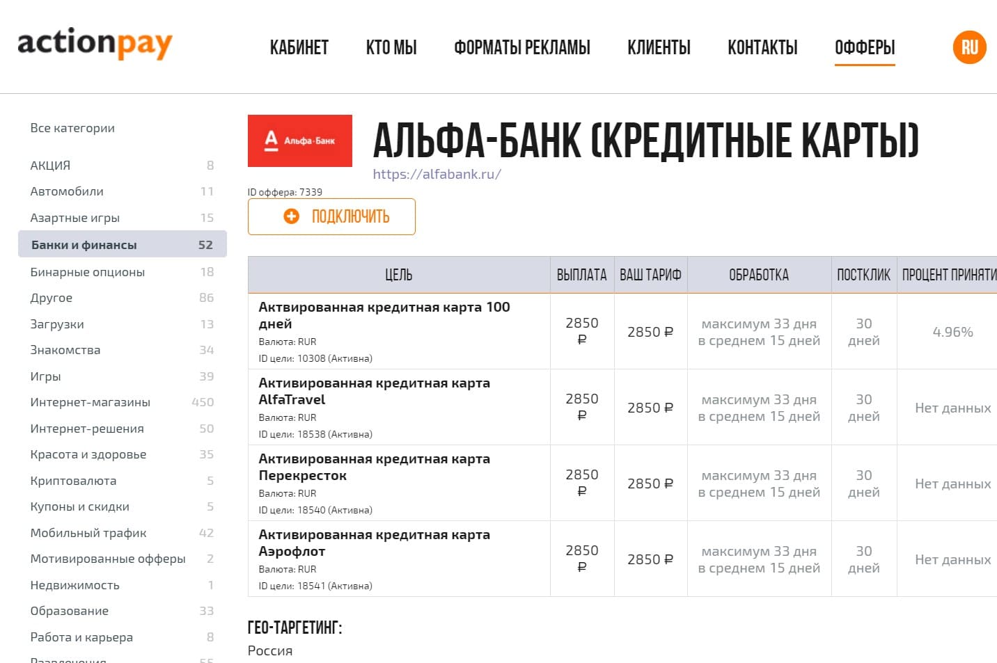 Партнерки банков Actionpay